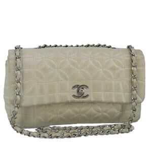 CHANEL Chain Flower Stitch Shoulder Bag Lamb Skin Beige Silver CC